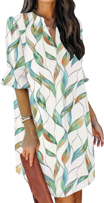 Summer Dresses for Women V Neck Ruffle Short Sleeve Shift Dress