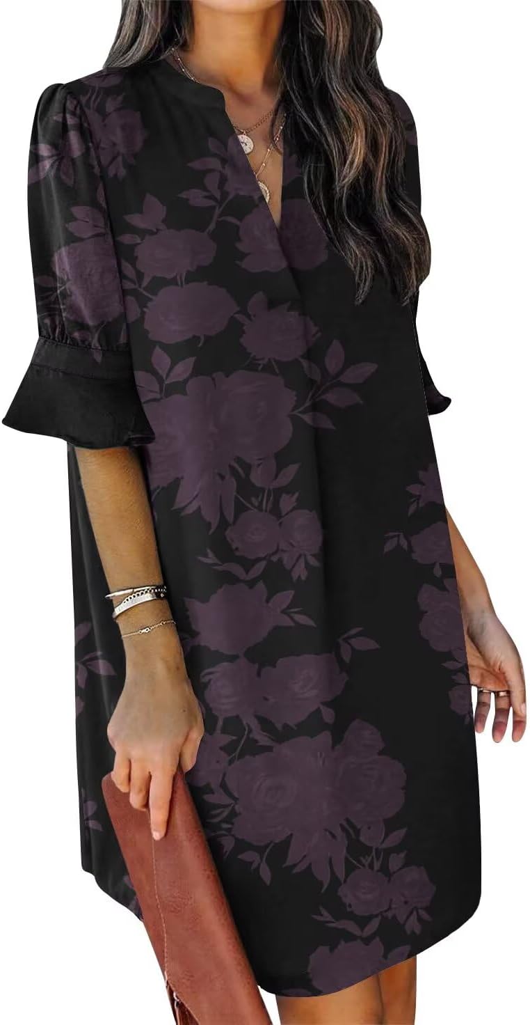 Summer Dresses for Women V Neck Ruffle Short Sleeve Shift Dress