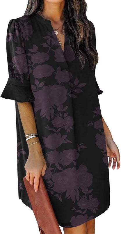Summer Dresses for Women V Neck Ruffle Short Sleeve Shift Dress