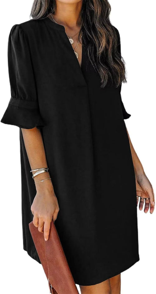 Summer Dresses for Women V Neck Ruffle Short Sleeve Shift Dress