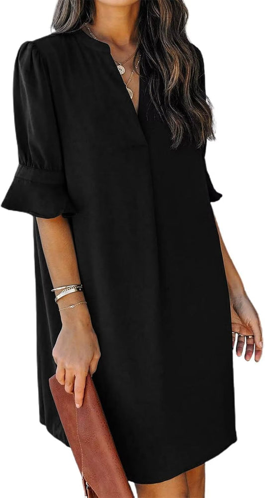 Summer Dresses for Women V Neck Ruffle Short Sleeve Shift Dress