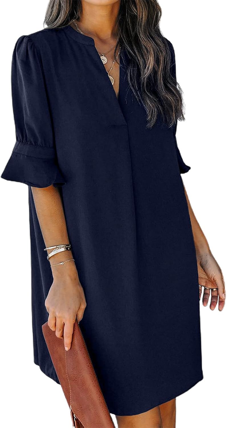 Summer Dresses for Women V Neck Ruffle Short Sleeve Shift Dress