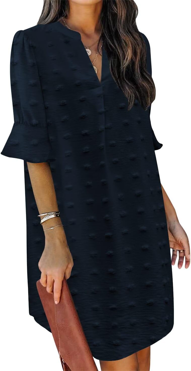 Summer Dresses for Women V Neck Ruffle Short Sleeve Shift Dress
