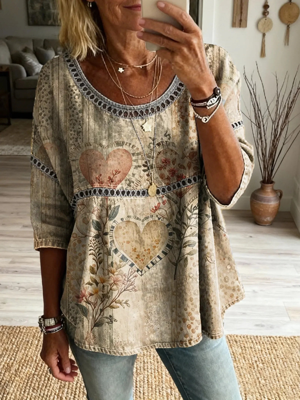 Women's Bohemian Vintage Floral Art Print Casual Round Neck Cutout Top