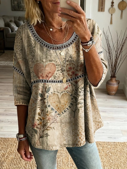 Women's Bohemian Vintage Floral Art Print Casual Round Neck Cutout Top