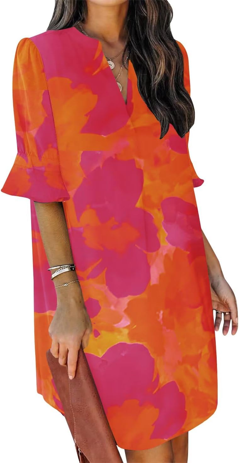 Summer Dresses for Women V Neck Ruffle Short Sleeve Shift Dress