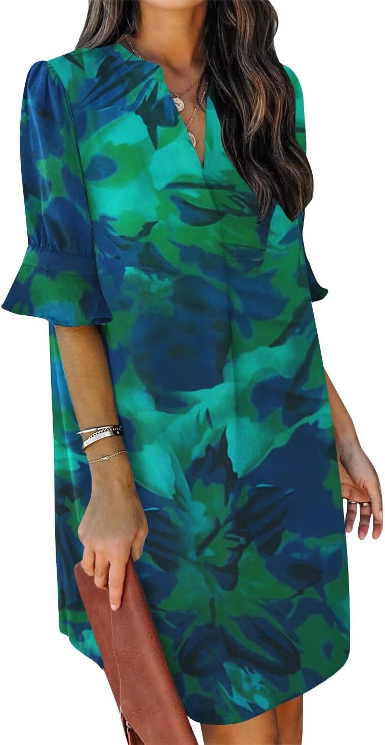 Summer Dresses for Women V Neck Ruffle Short Sleeve Shift Dress