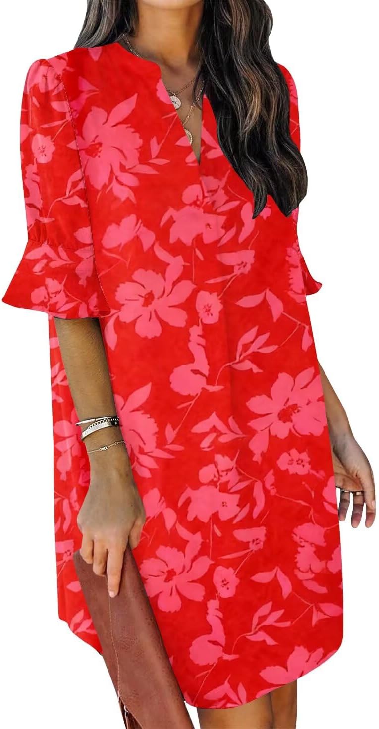 Summer Dresses for Women V Neck Ruffle Short Sleeve Shift Dress