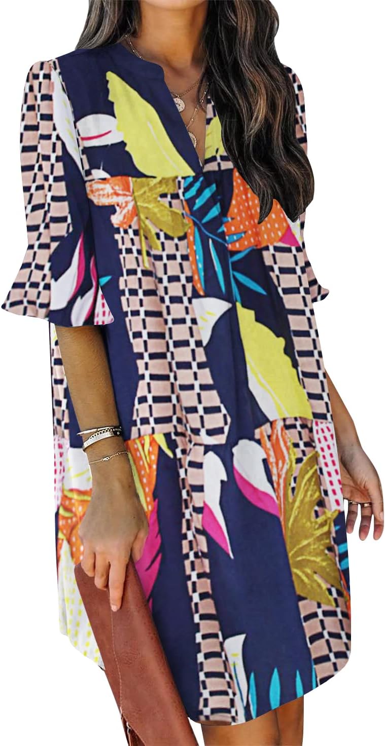 Summer Dresses for Women V Neck Ruffle Short Sleeve Shift Dress