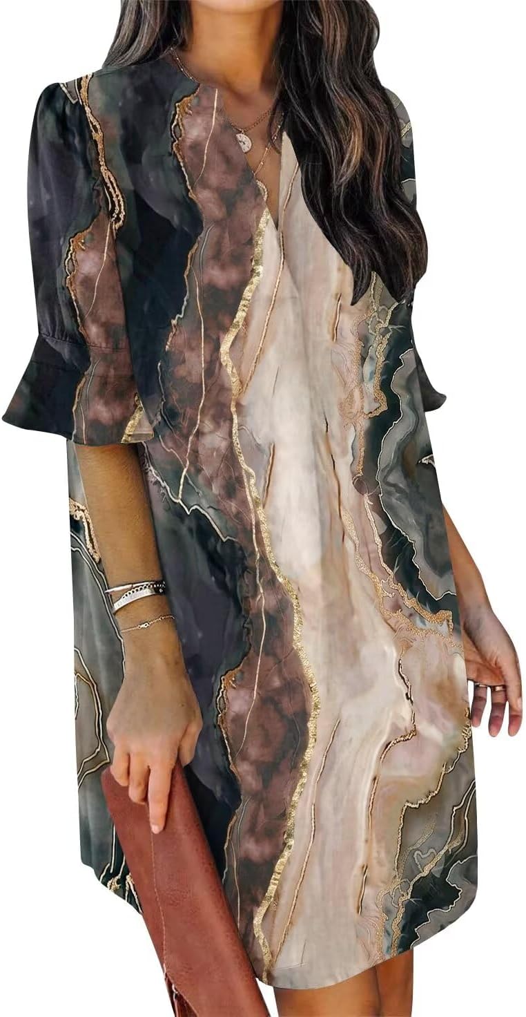 Summer Dresses for Women V Neck Ruffle Short Sleeve Shift Dress