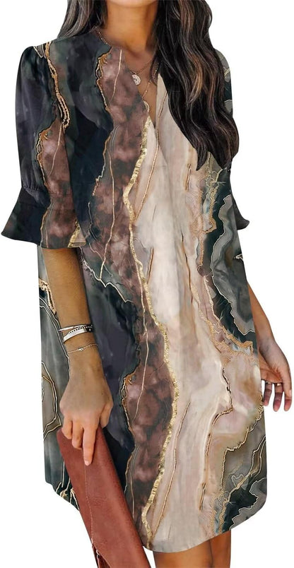 Summer Dresses for Women V Neck Ruffle Short Sleeve Shift Dress