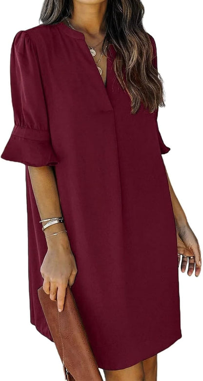 Summer Dresses for Women V Neck Ruffle Short Sleeve Shift Dress