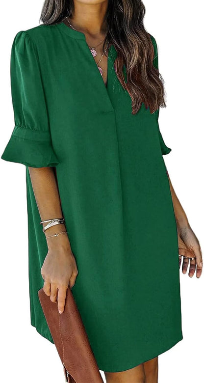 Summer Dresses for Women V Neck Ruffle Short Sleeve Shift Dress
