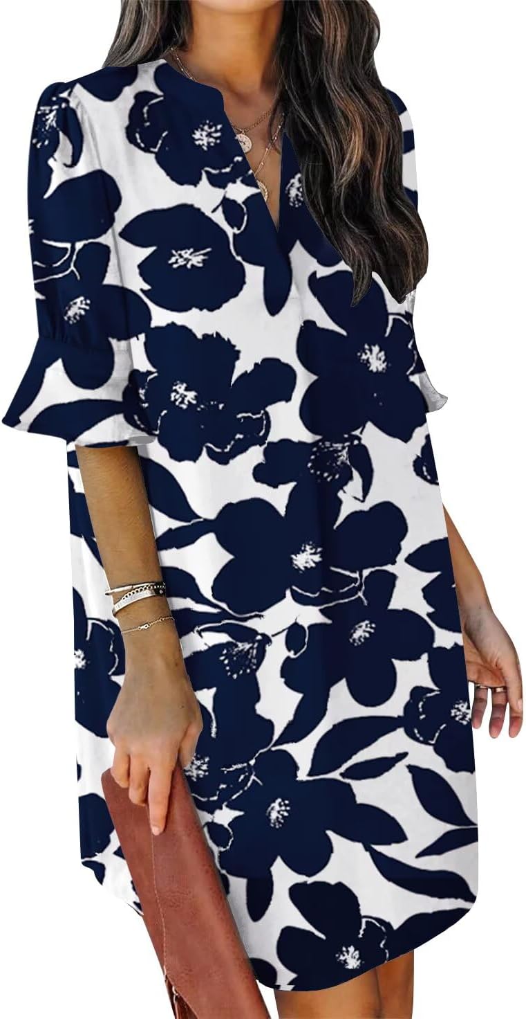 Summer Dresses for Women V Neck Ruffle Short Sleeve Shift Dress
