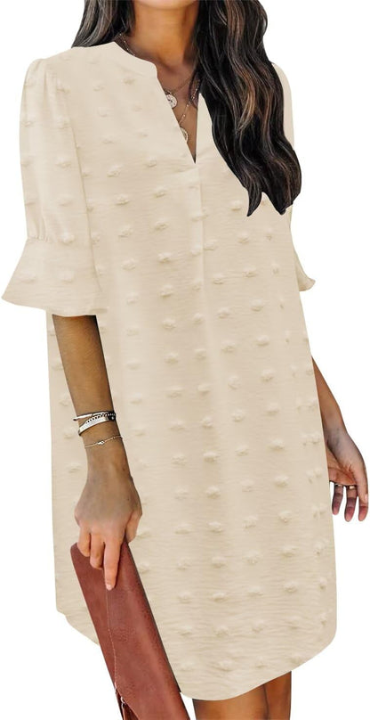 Summer Dresses for Women V Neck Ruffle Short Sleeve Shift Dress