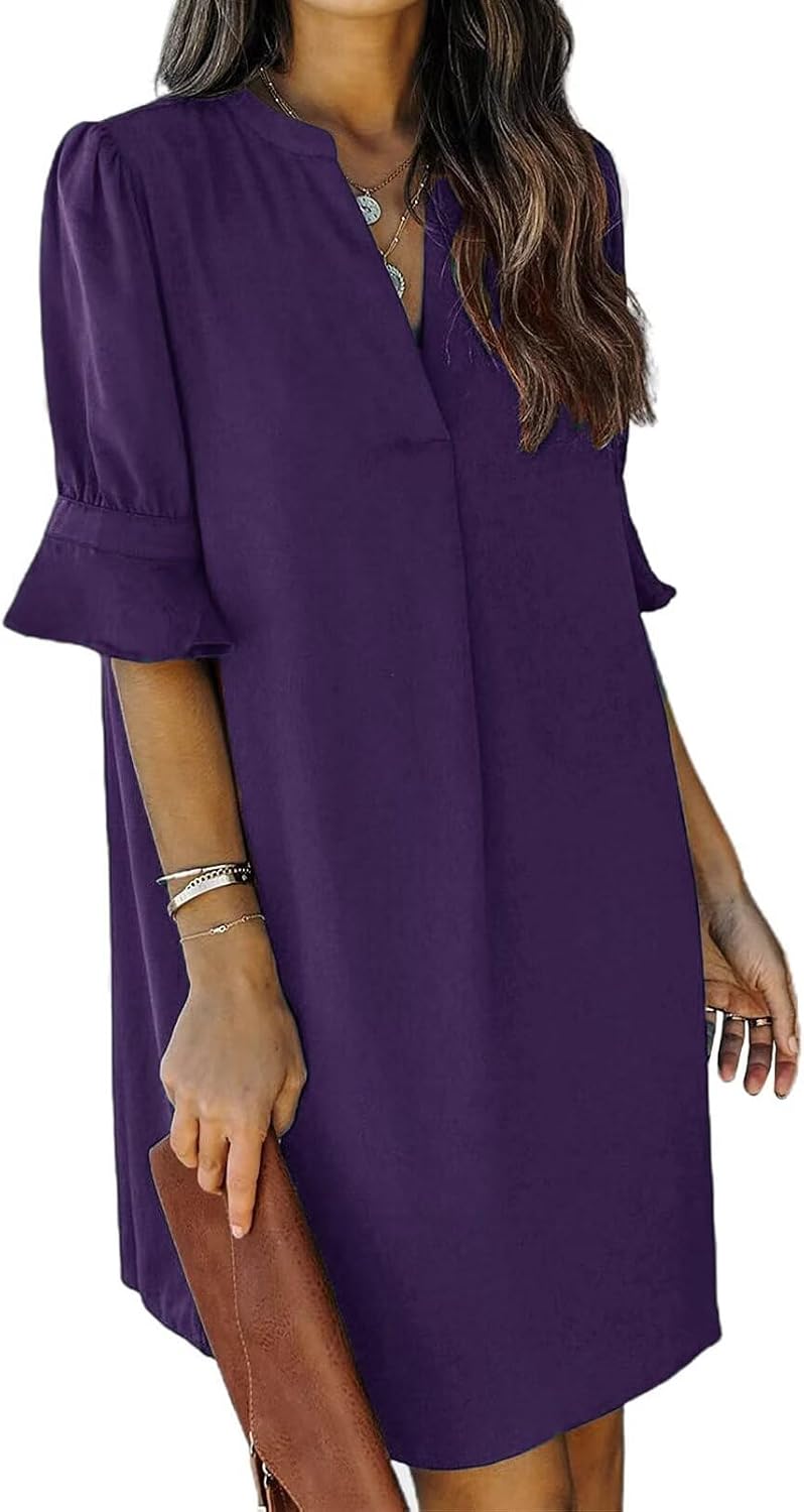 Summer Dresses for Women V Neck Ruffle Short Sleeve Shift Dress