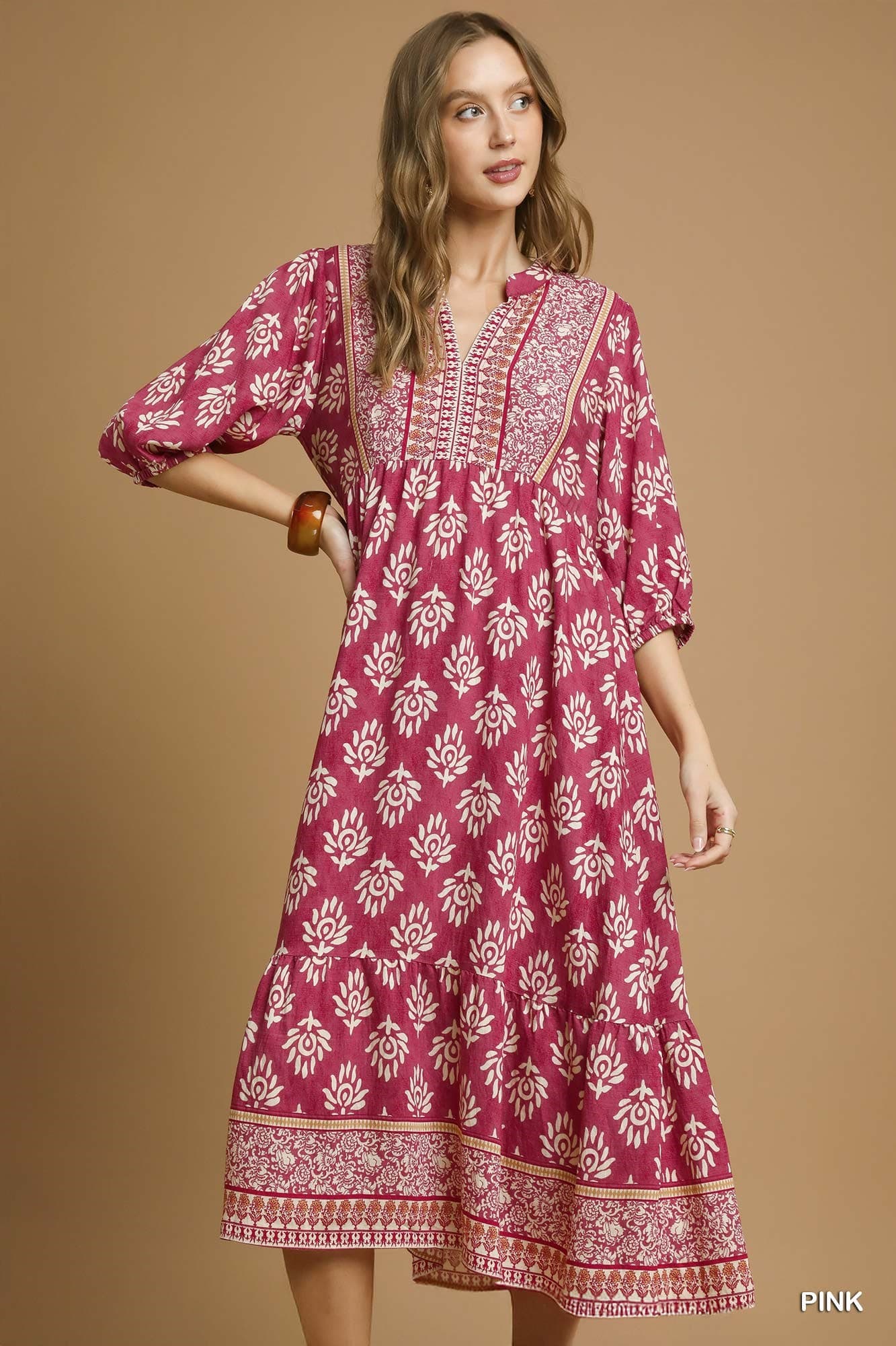 UMGEE Border Print Midi Dress Pink Mix