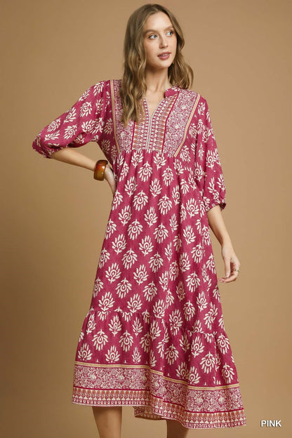 UMGEE Border Print Midi Dress Pink Mix