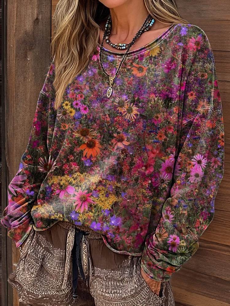 Women's Vintage Floral Art Print Casual V-neck Long Sleeve T-shirt