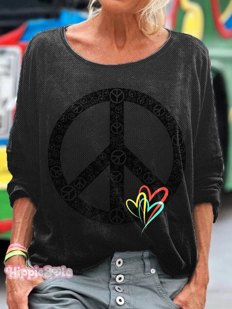 Women's Hippie Peace Heart Art Pattern Print Casual V-neck Long Sleeve T-shirt