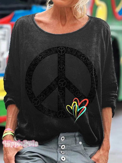 Women's Hippie Peace Heart Art Pattern Print Casual V-neck Long Sleeve T-shirt