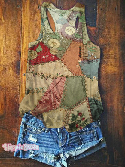 Vintage Patchwork Print Linen Tote Bag
