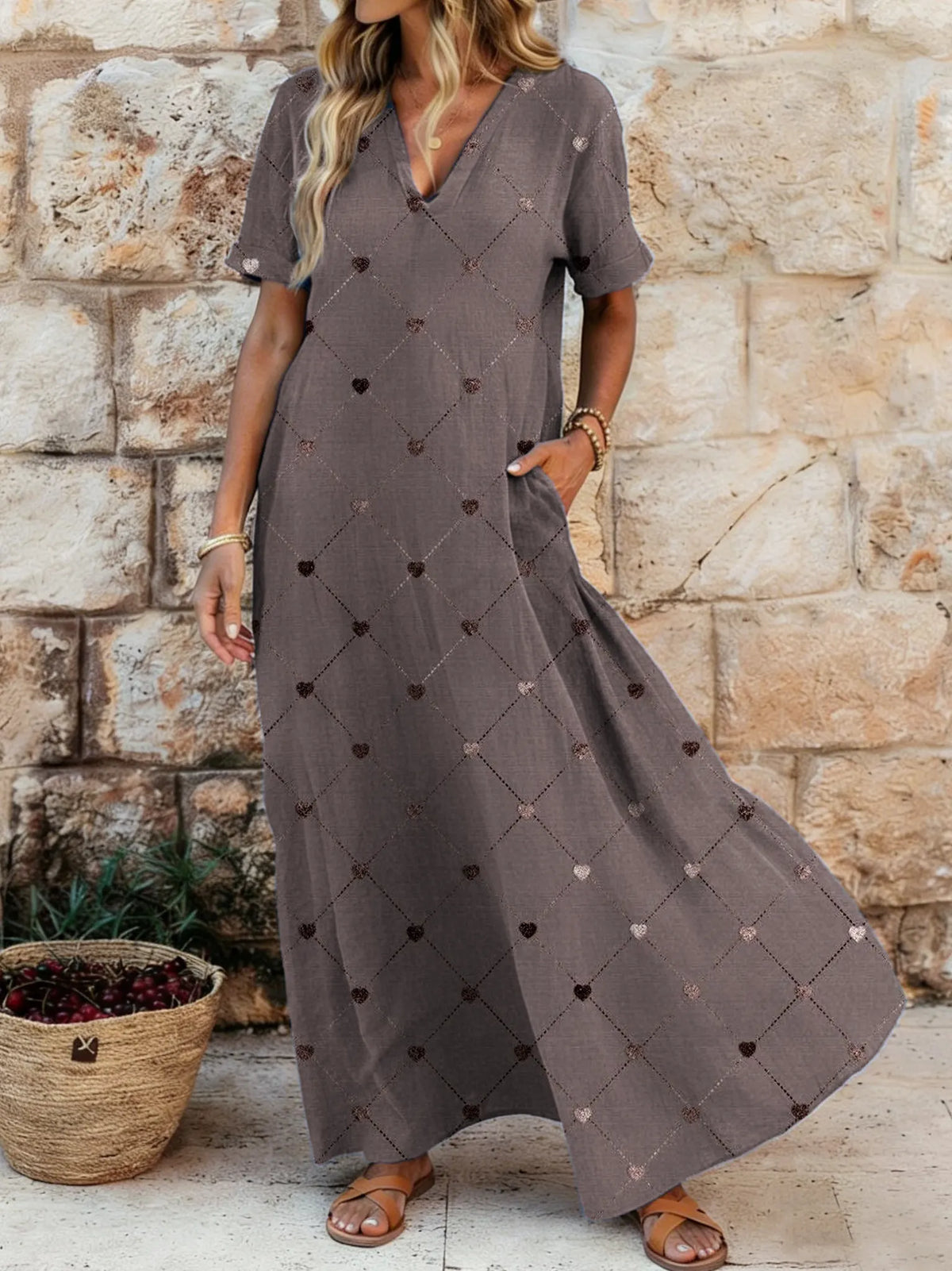 Women's Heart-Shaped Art Print V-Neck Short-Sleeve Cotton Pocket Dress