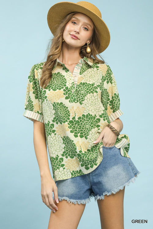UMGEE Floral Collared Top Green Mix