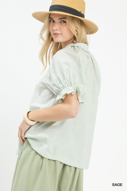 UMGEE Pinstripe Ruffle Sleeve Top Sage