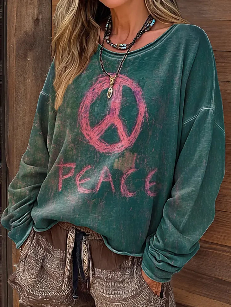 Women's Vintage Hippie Peace Art Print Casual Long-Sleeve T-Shirt