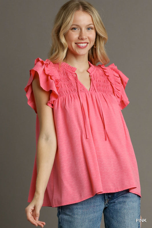 UMGEE Ruffle Sleeve Top Coral Pink
