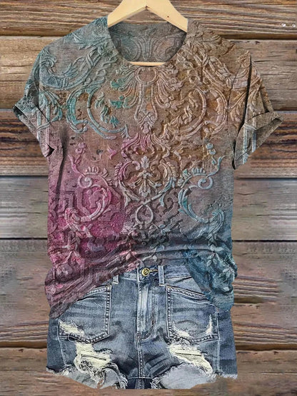 Women's Vintage Gradient Flower Pattern Print Long Sleeve Comfortable Cotton Shirt