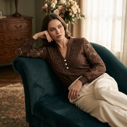 Caravelle - Pleated Lace Long Sleeve Blouse