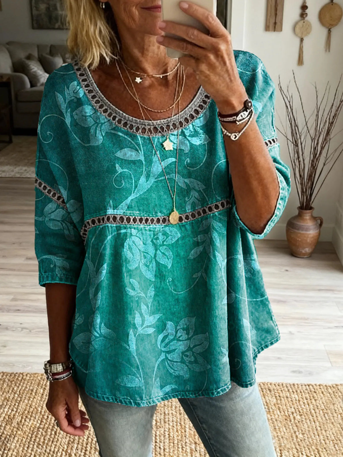 Women's Vintage Floral Art Print Casual Round Neck Cutout Top