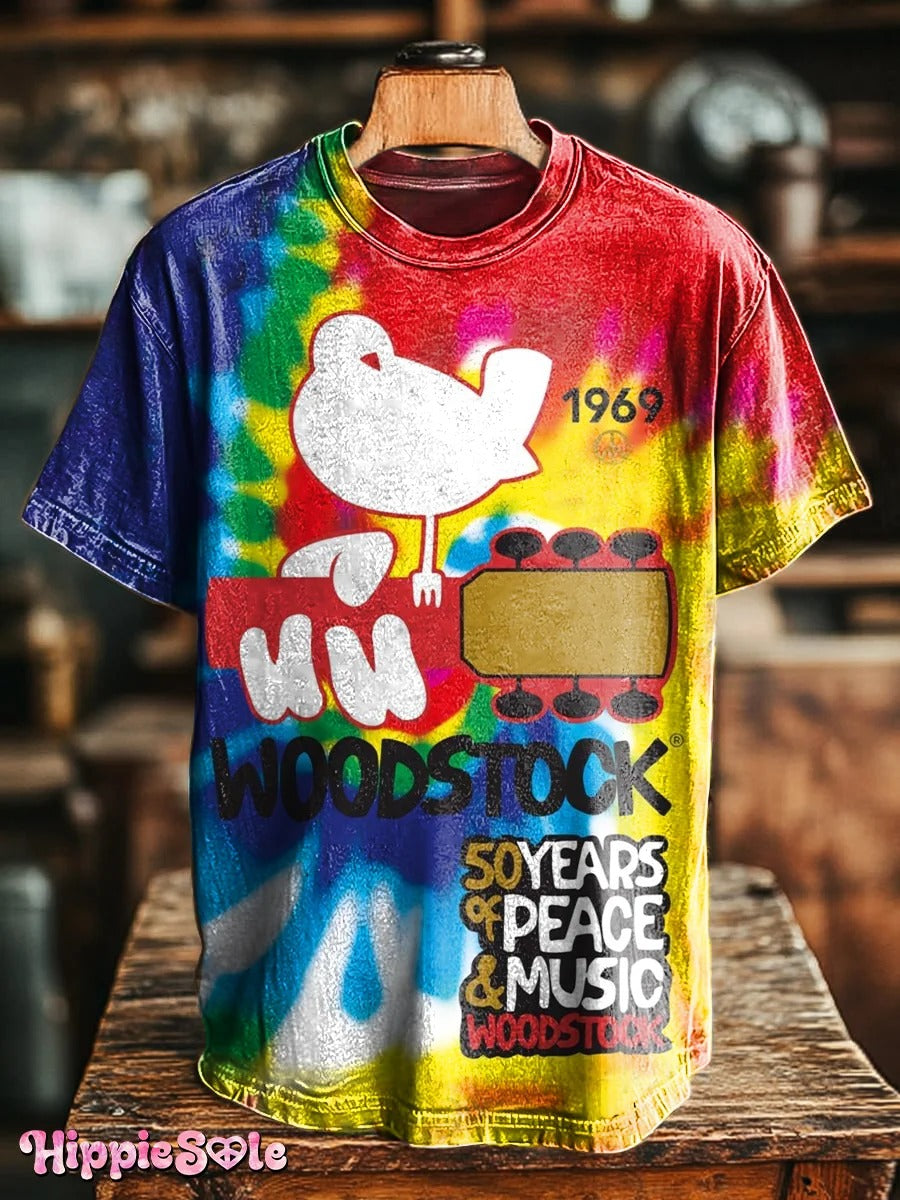 Unisex Vintage Hippie Music Woodstock Art Print Casual T-shirt