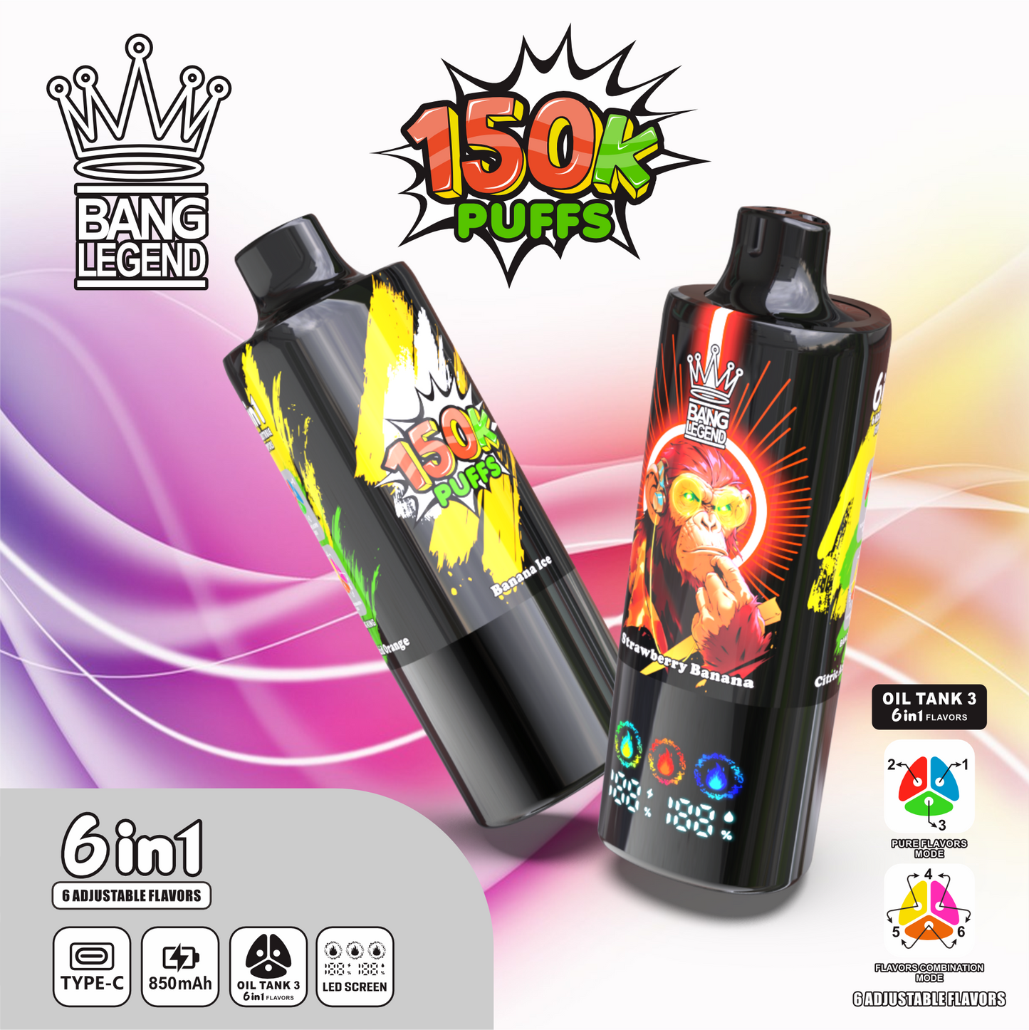 Bang Legend 150000 150K Puffs 6 in 1 Flavors Newest Original Rechargeable LED Display Disposable Vape