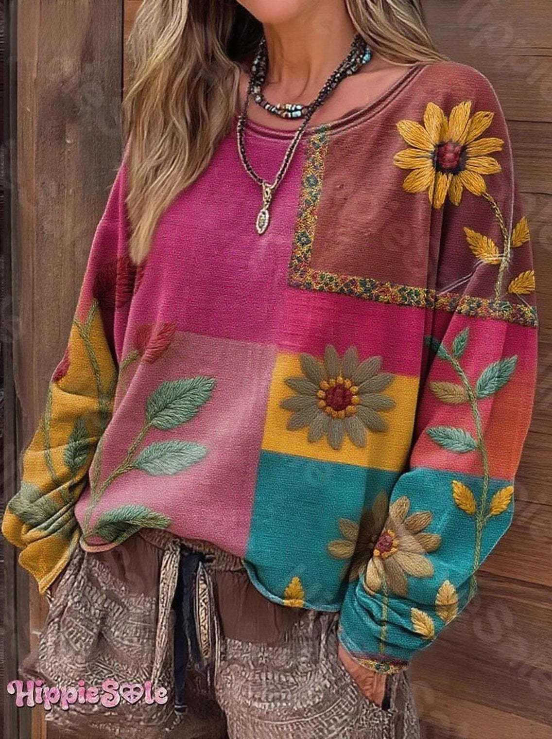 Women's Bohemian Floral Pattern Patchwork Art Print Casual Long Sleeve T-shirt