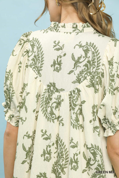 UMGEE Paisley Scallop Trim Dress Green Mix