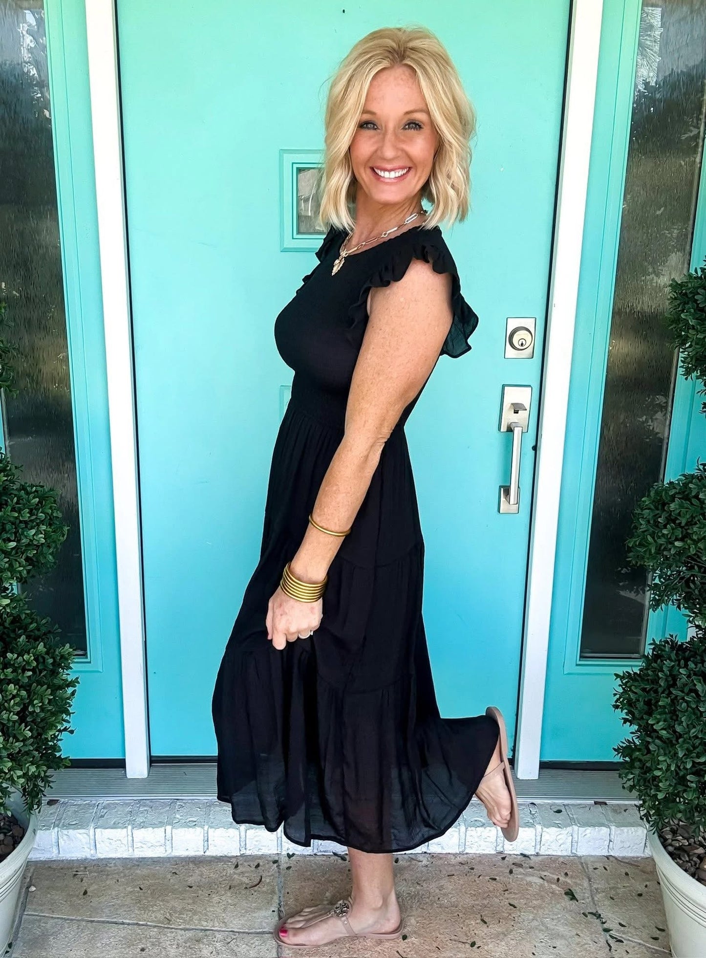Black Smocked Ruffle Midi Dress
