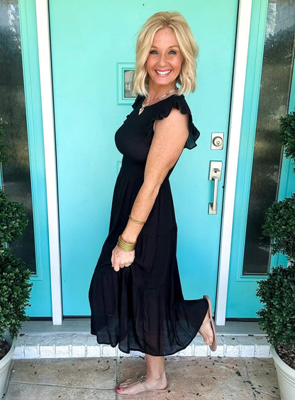 Black Smocked Ruffle Midi Dress