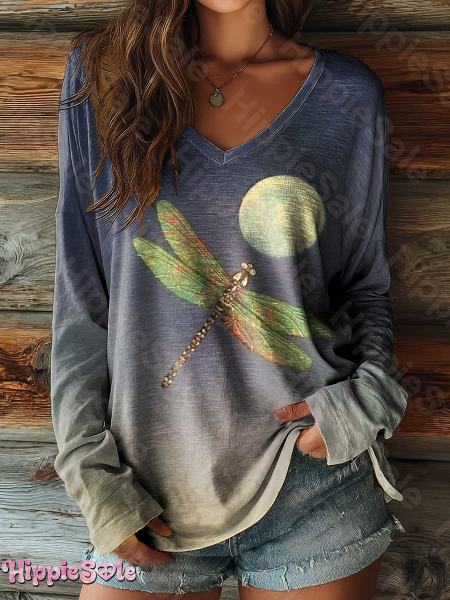 Women's Vintage Dragonfly Moon Art Print Casual Long Sleeve T-shirt