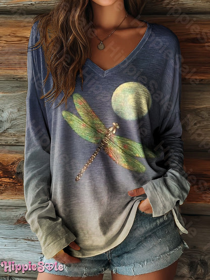 Women's Vintage Dragonfly Moon Art Print Casual Long Sleeve T-shirt