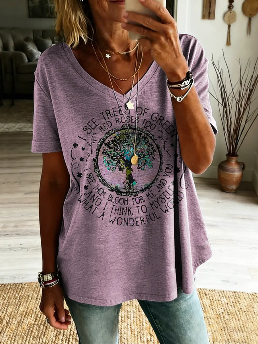 Trees Of Green Wonderful World Hippie Women's V-neck Print Casual T-shirt