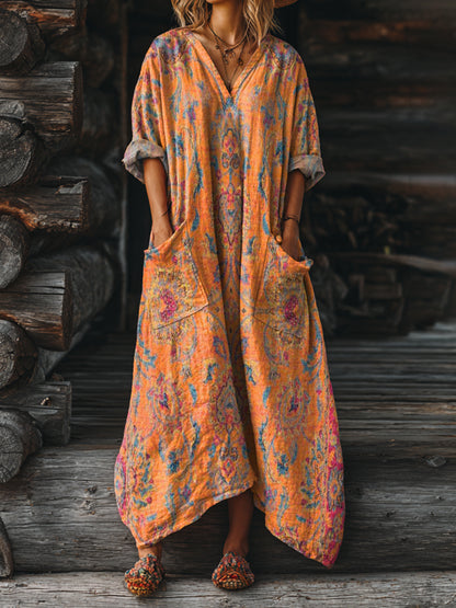 Women's Retro Ethnic Totem Art Pattern Print Pocket V-neck Cotton Dress