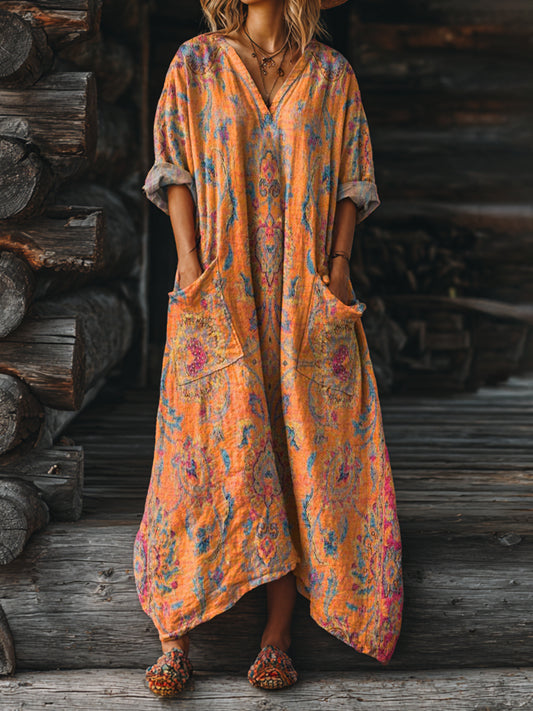 Women's Retro Ethnic Totem Art Pattern Print Pocket V-neck Cotton Dress