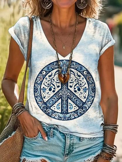 Vintage Kaleidoscope Tie Dye Print 100%Cotton V-neck T-Shirt