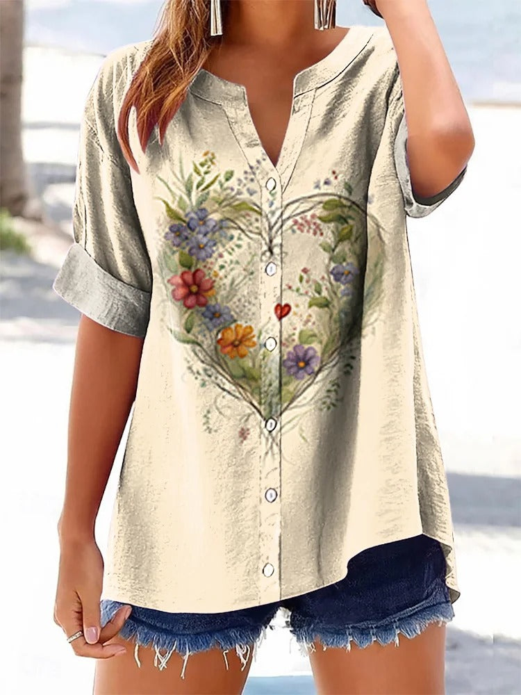 Women's Floral Heart Art V-Neck Casual T-Shirt
