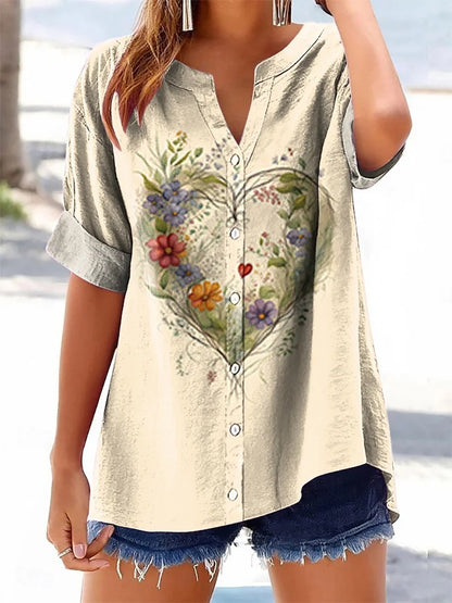 Women's Floral Heart Art V-Neck Casual T-Shirt