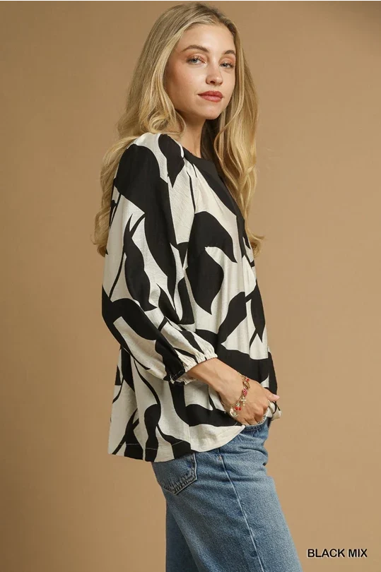 UMGEE Leaf Print Top Black Mix