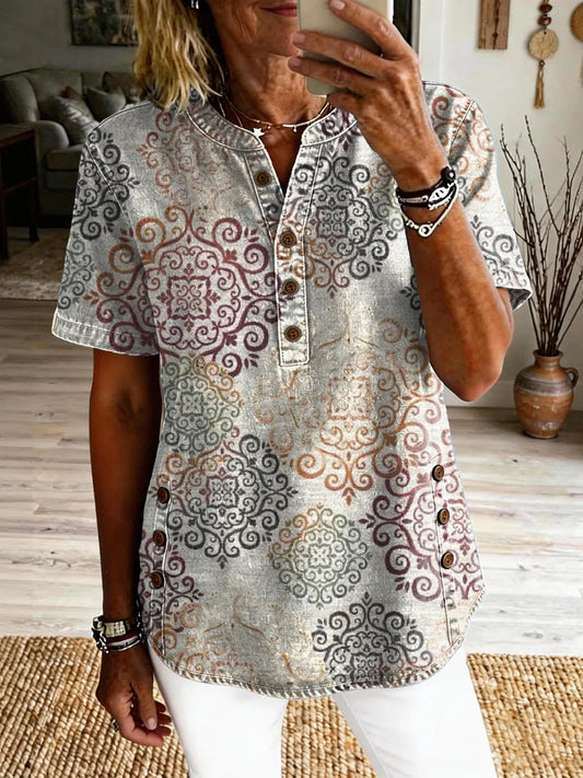 Women's Retro Totem Floral Art Print Casual Short-Sleeve Shirt